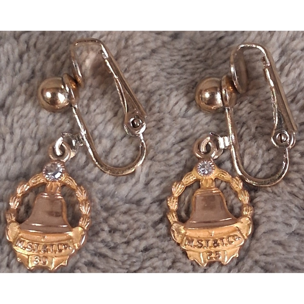 Vtg 10K Gold MST&T Co Bell Service Award Clip-on Earrings 25 30 Year O.C. Tanner